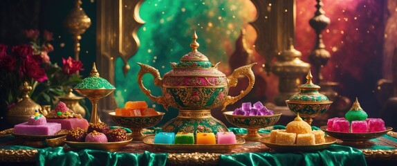 Obraz premium Traditional tea accompanied by lokum and Turkish delight. Variety of oriental sweets.