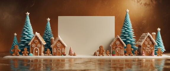 A blank greeting card design featuring themed gingerbread and a flat lay, with copy space for a mock-up.