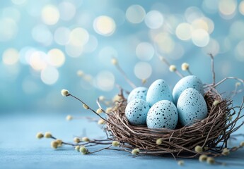Obraz premium Blue Easter Eggs in a Nest with Soft Focus Background of Blurry Lights for Spring Celebrations and Seasonal Decorations