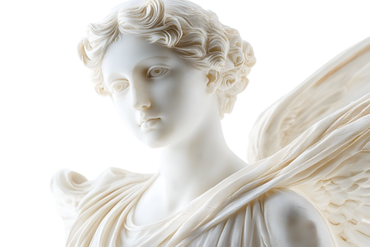 ancient marble statue of aphrodite with ethereal wings floating fabric isolated on pure white background museum quality photograph