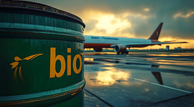 biofuel barrel near an airplane promoting sustainable aviation eco-friendly fuel solutions for greener air travel innovative renewable energy technologies supporting environmental responsibility