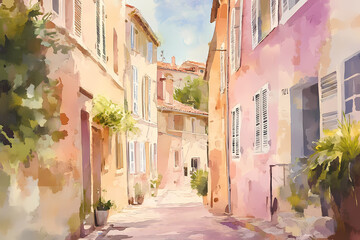 Fototapeta premium Charming Street: A delightful image showcasing an old European street with colorful buildings. the narrow street leading into the distance create an inviting scene