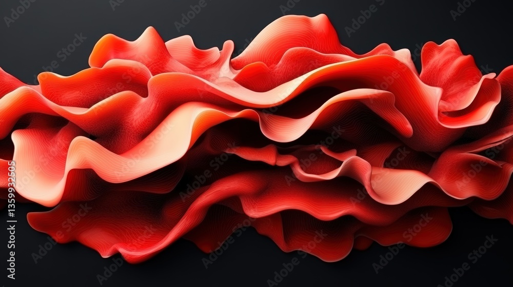 Poster flowing undulating coral fabric or liquid against a black background creating an abstract and striki