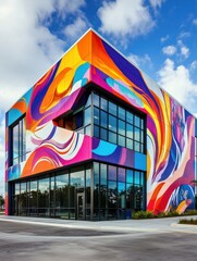 A colorful modern building with large windows and an abstract mural on the exterior.