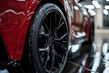 Ceramic protective coating applied on the car rim ensures a high-gloss finish and long-lasting durability for premium wheel care