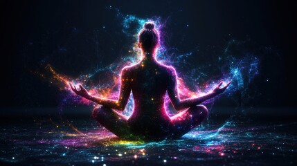 Fototapeta premium A vibrant meditative woman surrounded by swirling energy in a dark background, embodying peace, serenity, and spiritual enlightenment in motion