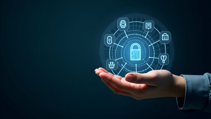 Flat Hand Holding Holographic AI Interface: Showcasing Data Processing & Security Automation Icons