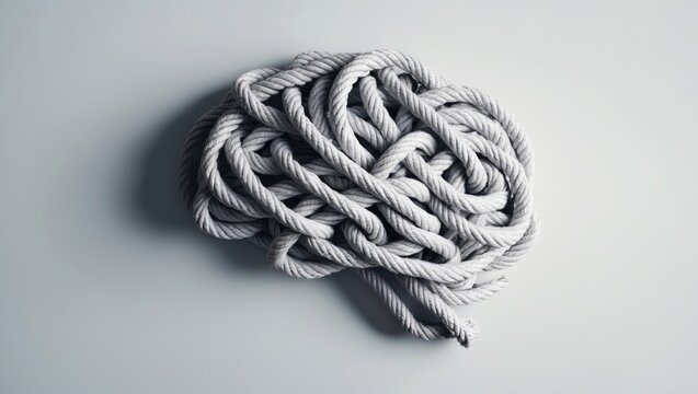A representation of brain strength depicted as a bundle of ropes shaped like a human thinking organ illustrates cognitive function and exercises to enhance the mind through education and learning.