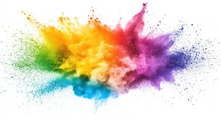 Fototapeta premium Bright and Colorful Powder Explosion, Vibrant Dust Burst in Rainbow Shades Against White Background for Creative Projects and Eye-Catching Designs