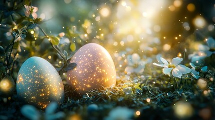A magical Easter fairy glen with softly glowing pastel eggs hidden among ivy, tiny flowers, and floating golden sparkles.  