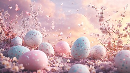 A magical Easter fairyland scene with floating pastel eggs, whimsical floral swirls, and a soft pink sky 