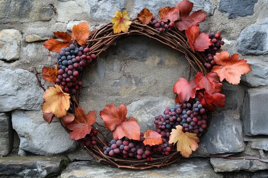 A decorative wreath of grapes and leaves on stone blocks