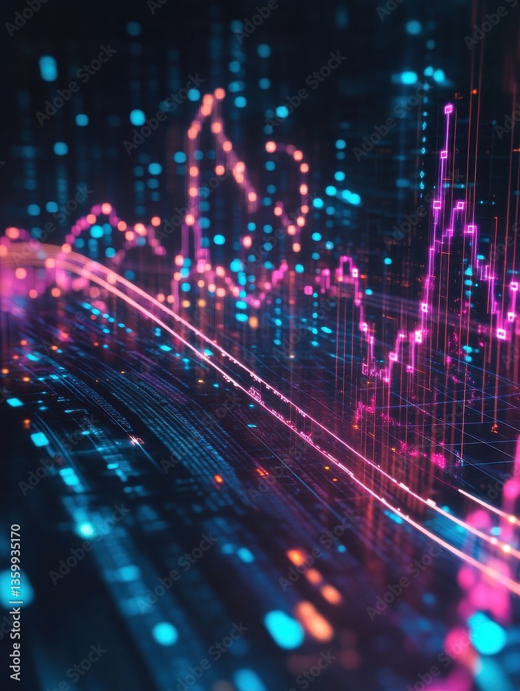 Poster digital financial chart with glowing lines and data visualization on a dark background.