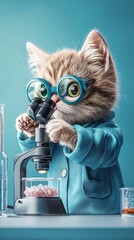 Cute Kitten Scientist Using Microscope