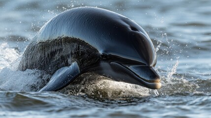 Fototapeta premium Dolphin's playful breach, A marine mammal's vibrant splash emerges