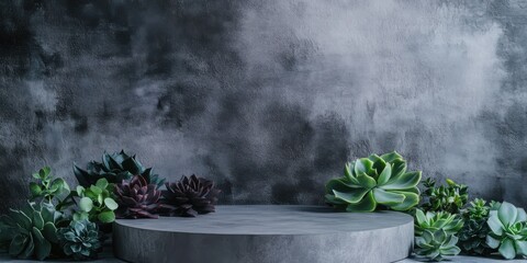 Display with a podium. Concrete cylinder, succulents and dark green leaves around, grey concrete background. Mockup for product presentation