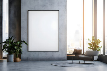 Modern office interior with blank vertical poster on concrete wall. 3D Rendering