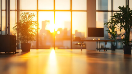 Obraz premium Modern office interior with warm sunlight and a blurred background for video conferencing