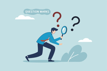 Detect or discover fact, information or analysis, curiosity, research or search in details, exploration or finding solution concept, businessman detective looking through magnifying glass searching.