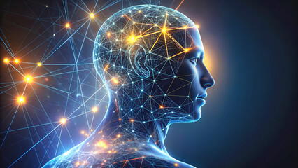Obraz premium Futuristic Digital Human Head with Glowing Neural Networks and Cybernetic Augmentation