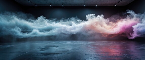 Abstract image of a dark concrete floor room. Background for product placement in a black room or stage. Panoramic view of abstract fog. White mist, cloudiness, or smog moves in the background.