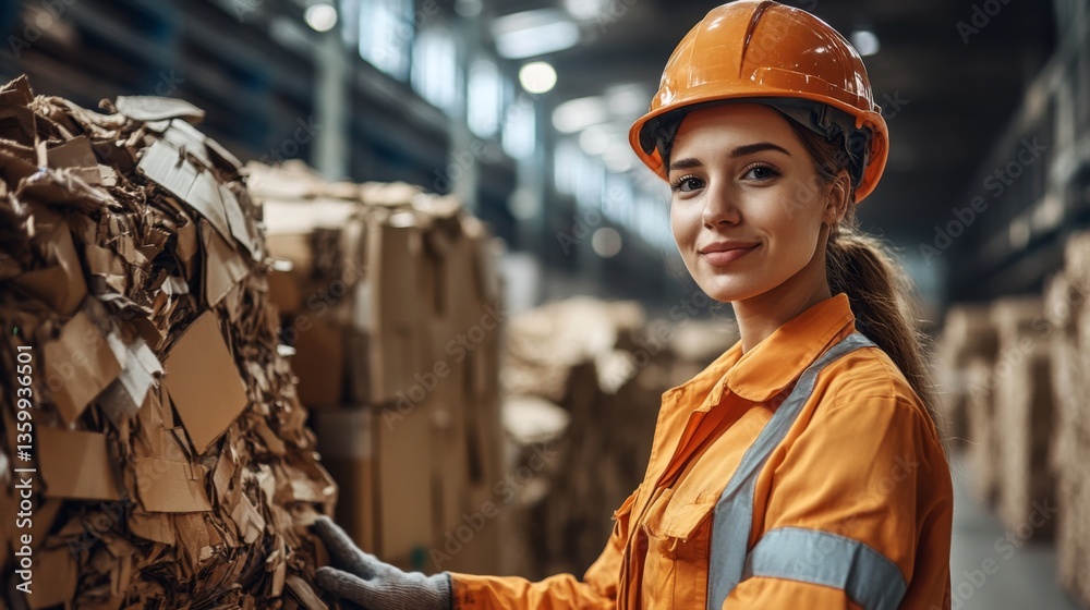 Poster a warehouse worker in an orange safety uniform inspects and organizes cardboard materials, emphasizi