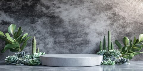 Display with a podium. Concrete cylinder, succulents and dark green leaves around, grey concrete background. Mockup for product presentation