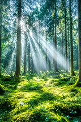 Obraz premium Sunbeams in mossy forest, nature scene, peaceful background, ideal for relaxation