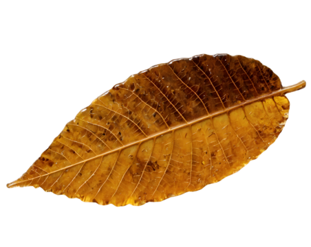 A captivating close-up of a fossilized leaf encased in translucent amber, revealing intricate venation and organic details preserved through time, offering a glimpse into ancient natural history