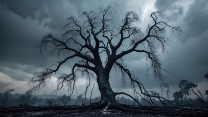 A tree that has been scorched. The flames. Weather changes. Environmental.