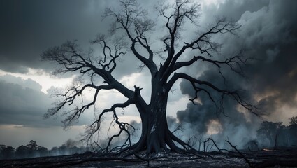 A burned tree. The flames. Weather changes. Environmental.