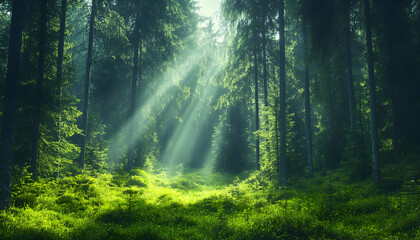 Obraz premium Sunlight streams through a misty forest