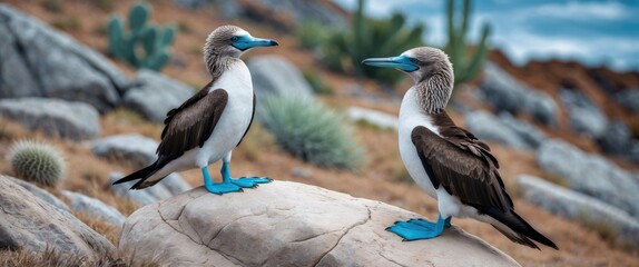 Obraz premium Wide angle view of two blue-footed boobies engaging in a courtship dance.
