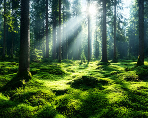 Obraz premium Sunlight Streams Through Misty Forest
