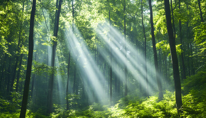 Fototapeta premium Sunlight streams through lush forest canopy
