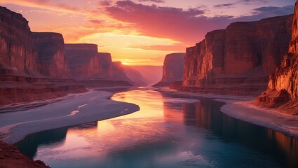 Fototapeta premium A breathtaking summer sunset above the canyon. Amazing river during sunset. Gorgeous natural landscape from a European country. Background of the natural world's splendor.