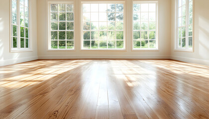 Sunlit empty room with hardwood floor, large windows showing garden view; real estate