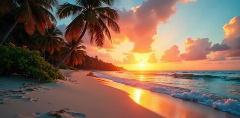 Sunset at tropical sandy ocean beach with palm trees fading fast, warm, ocean, sunset