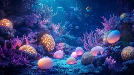 A magical underwater Easter world with glowing pastel eggs resting on coral reefs, surrounded by softly illuminated sea creatures.