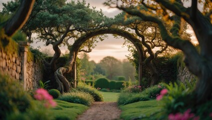 Obraz premium A mystical garden entrance Landscape featuring mature trees