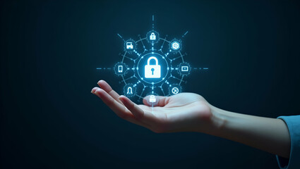 Flat Hand Holding Holographic AI Interface: Showcasing Data Processing, Communication, Security, and Automation Icons in a Simple, Cute Vector Illustration for Smart Business Solutions