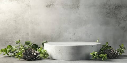 Display with a podium. Concrete cylinder, succulents and dark green leaves around, grey concrete background. Mockup for product presentation