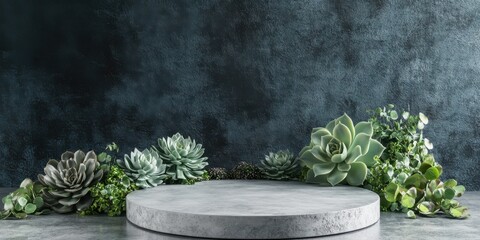 Display with a podium. Concrete cylinder, succulents and dark green leaves around, grey concrete background. Mockup for product presentation