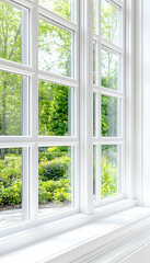 Sunny garden view through white window