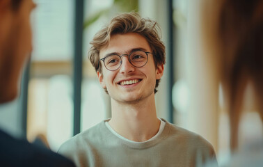 Business professionals at a trade fair engage in a lively first meeting, focusing on collaboration and creating opportunities in a dynamic atmosphere.