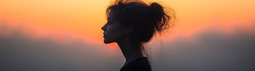 Naklejka premium A womans profile against the sunset with dramatic orange and yellow hues