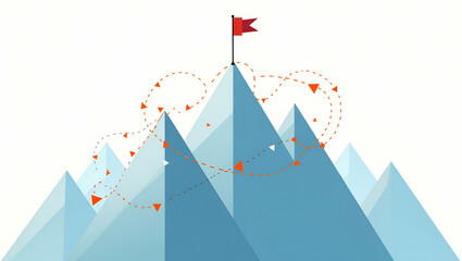 Flat Flag on the top of mountain with lines triangles particles style design. Illustration vector. Mountain climbing route to peak. Business journey path in progress to success vector concept. concept
