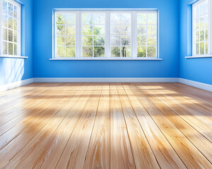 Sunny room, blue walls, wood floor, spring view
