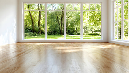Fototapeta premium Sunny room, hardwood floor, forest view, interior design