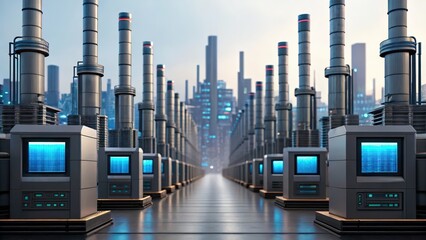 Digital transformation with industry 4.0, A futuristic assembly of computer systems and towering structures, showcasing a high-tech environment with a focus on technology and innovation.